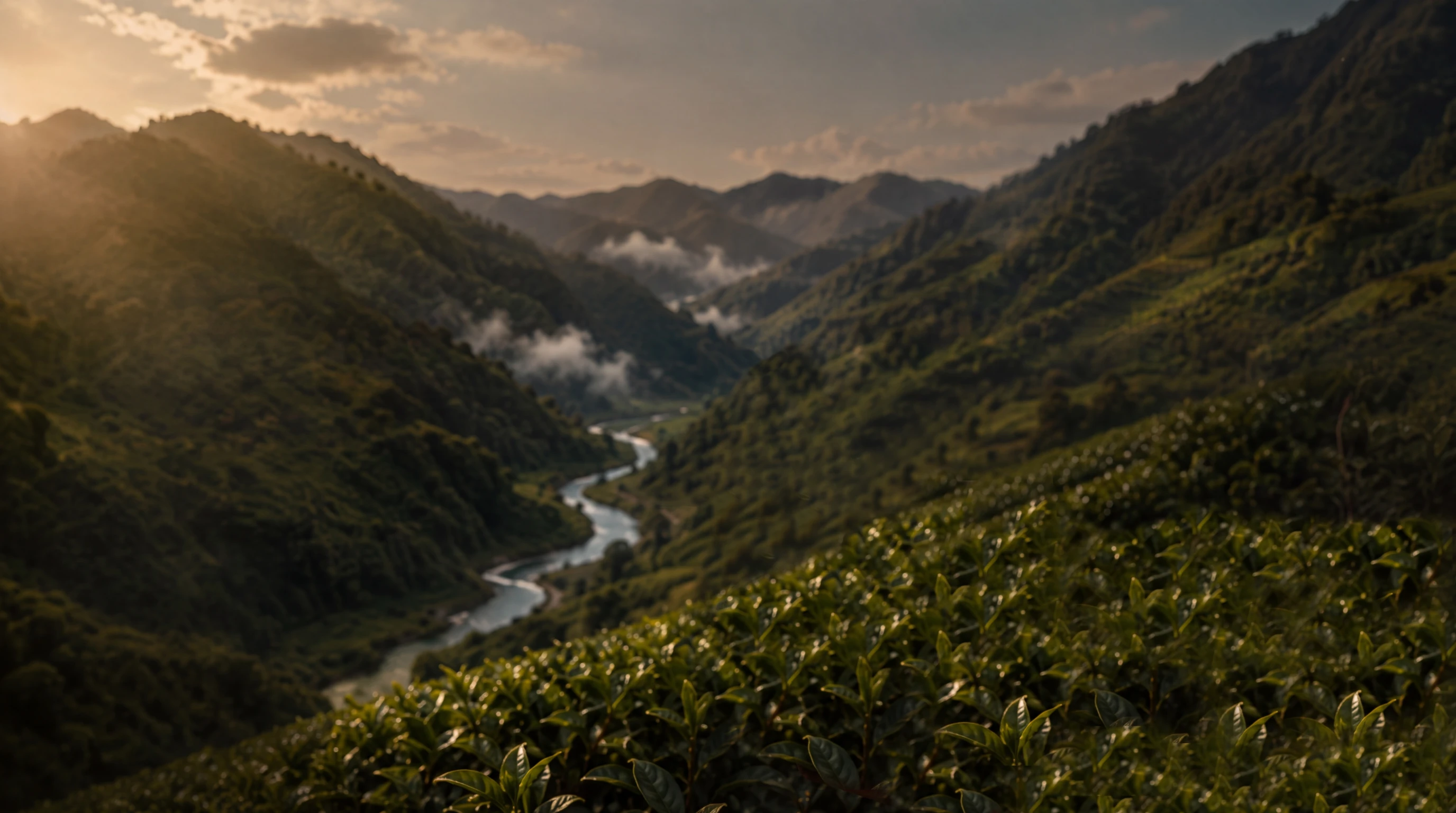 Valle de plantaciones de té al atardecer